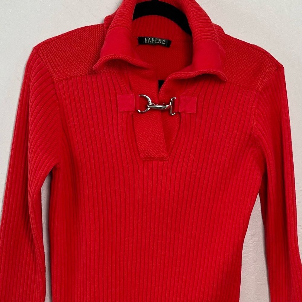 Lauren Ralph Lauren Red Ribbed Knit Sweater Horsebit Clasp Shawl Collar Medium